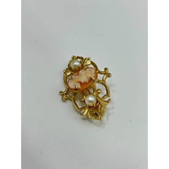 Vintage Petite Cameo Pin Genuine Carved Shell Gold Tone Setting Faux Pearls - Picture 3 of 8